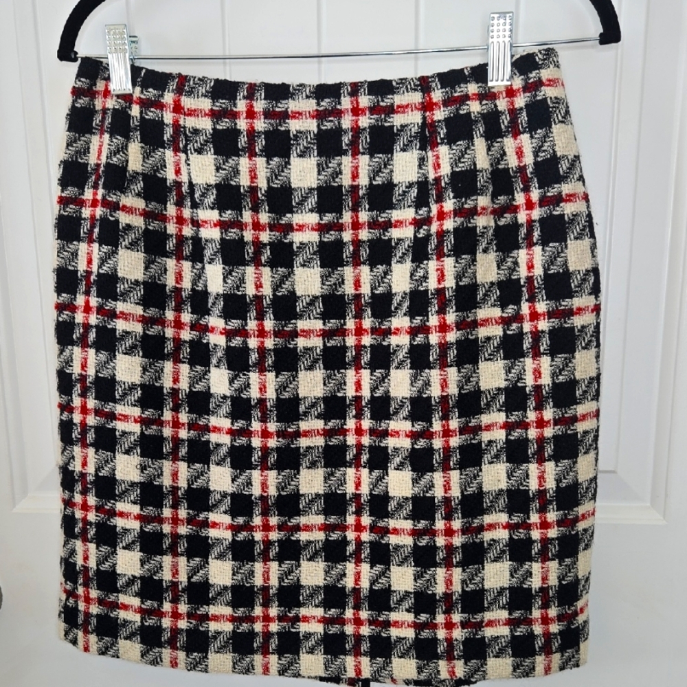 Vintage Ann Taylor Black Red Cream Plaid Wool Skirt 12 Preppy Gameday Academia - Picture 2 of 6